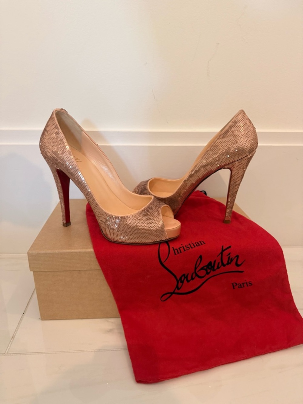 Christian Louboutin Rose Gold Sequin Peep-Toe Stilettos